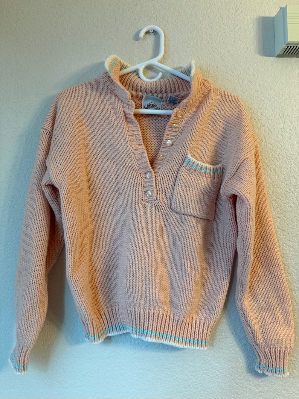 Vintage 80s Helium Pastel Pink Chunky Knit Henley Sweater Small